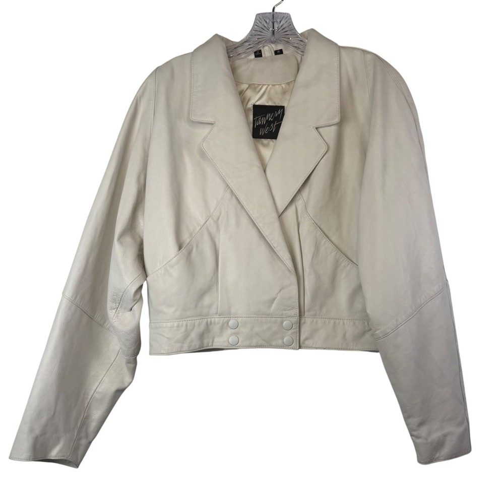 Tannery West Vintage Genuine Leather Cropped Bomber Jacket Ivory Moto 80s M